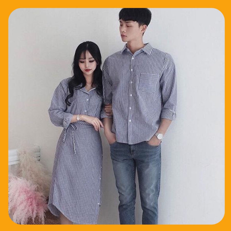 Áo đôi áo cặp FREESHIP Áo đôi nam nữ đẹp Set áo váy sơ mi Hàn Quốc dáng dài COUPLE STORE