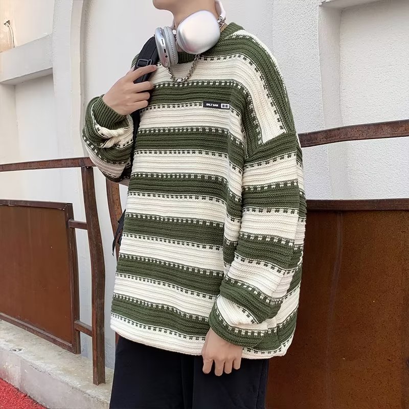 AFFLIGE ✦ AFFLIGA ✦Áo Sweater Dệt Kim Cổ Tròn Dáng Rộng Họa Tiết Kẻ Sọc Thời Trang Thu Đông Hàn Quốc Cho Nam
