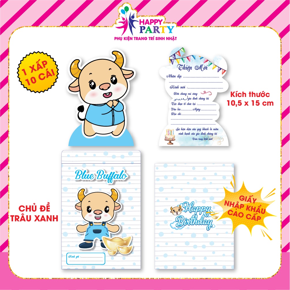 Thiệp mời sinh nhật, thiệp mời thôi nôi cao cấp cho bé đủ mẫu HAPPY PARTY kích thước 11 x 15 cm