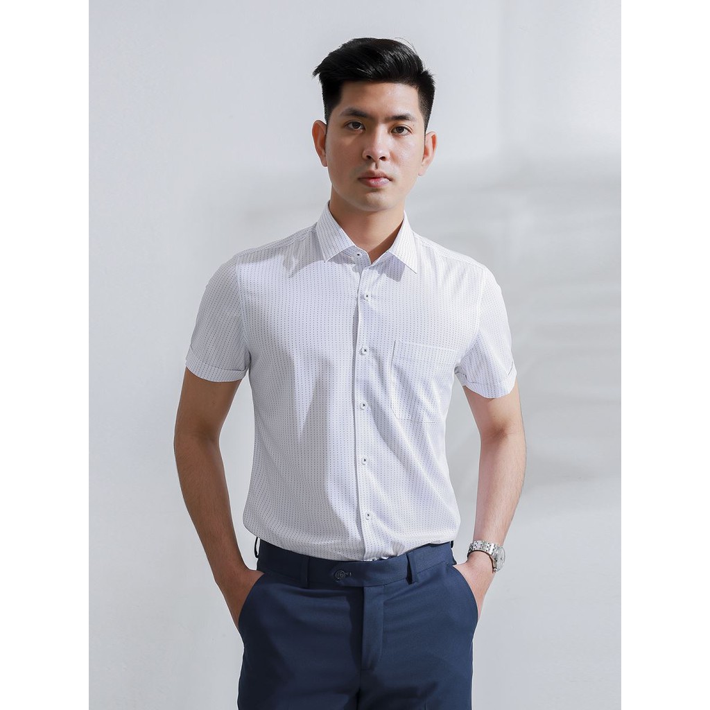 Áo sơ mi nam ngắn tay trắng in xích dọc ARISTINO - ASS026S8