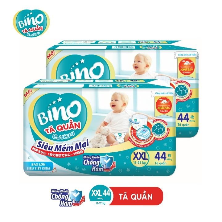 Combo 2 bao Tã quần Bino M60/L54/XL48/XXL44 - Công nghệ Nhật Bản kháng khuẩn, chống hăm, bảng lưng thun siêu mềm mại