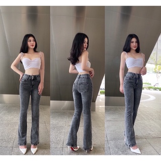 Quần jeans nữ ống loe dài lưng cao 2 nút co giãn