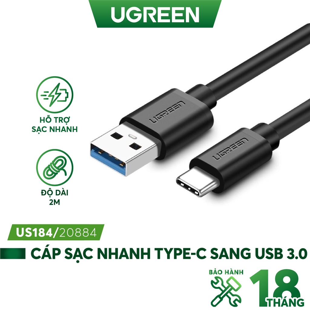 Dây cáp sạc và truyền dữ liệu tốc độ nhanh USB 3.0 sang USB type C, dòng 3A, dài 0.25-2m UGREEN US184