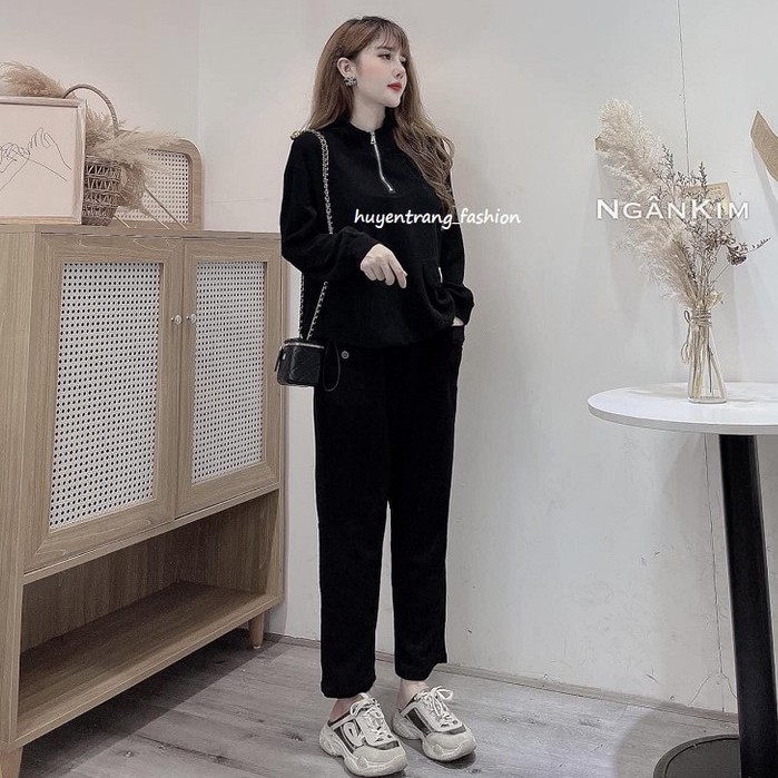 Set đồ nữ thu đông, bộ đồ nữ mặc nhà dài tay khoá ngực túi lệch 2 màu cá tính