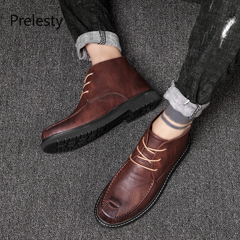 Giày Bốt Da Cổ Cao Thoáng Khí Phong Cách Vintage Cá Tính Cho Nam