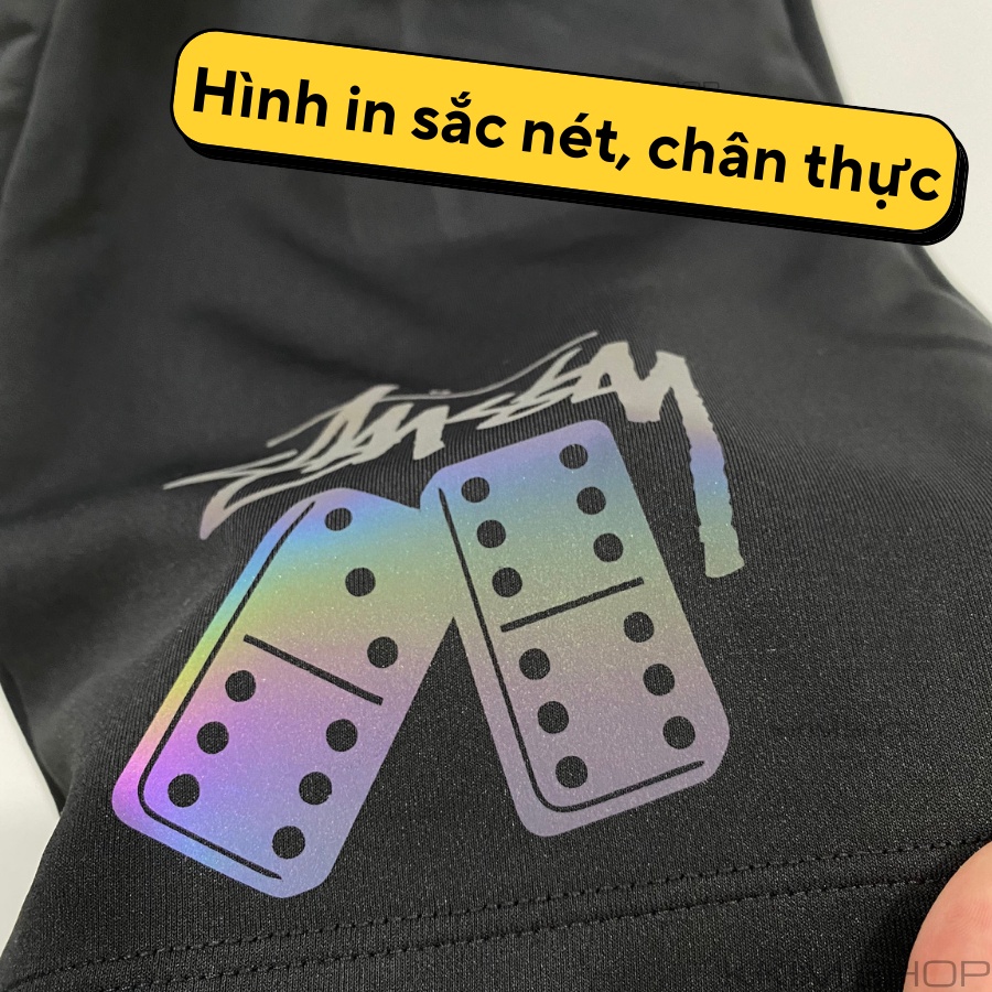 QUẦN Short Stussy Nam Nữ Nam Nữ, Quần đùi  form rộng unisex, lửng cộc ngắn đen chất vải Poly 2 DA, in phản quang đa sắc