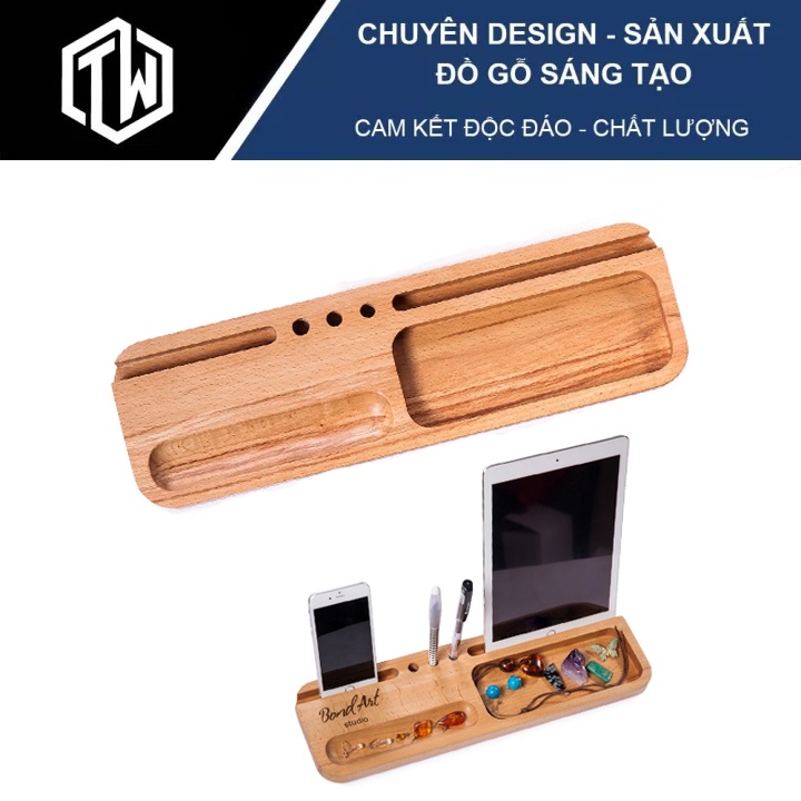 Giá đỡ điện thoại bằng gỗ Kiêm kệ đựng giấy note, lịch để bàn, bút TiTi TMS04