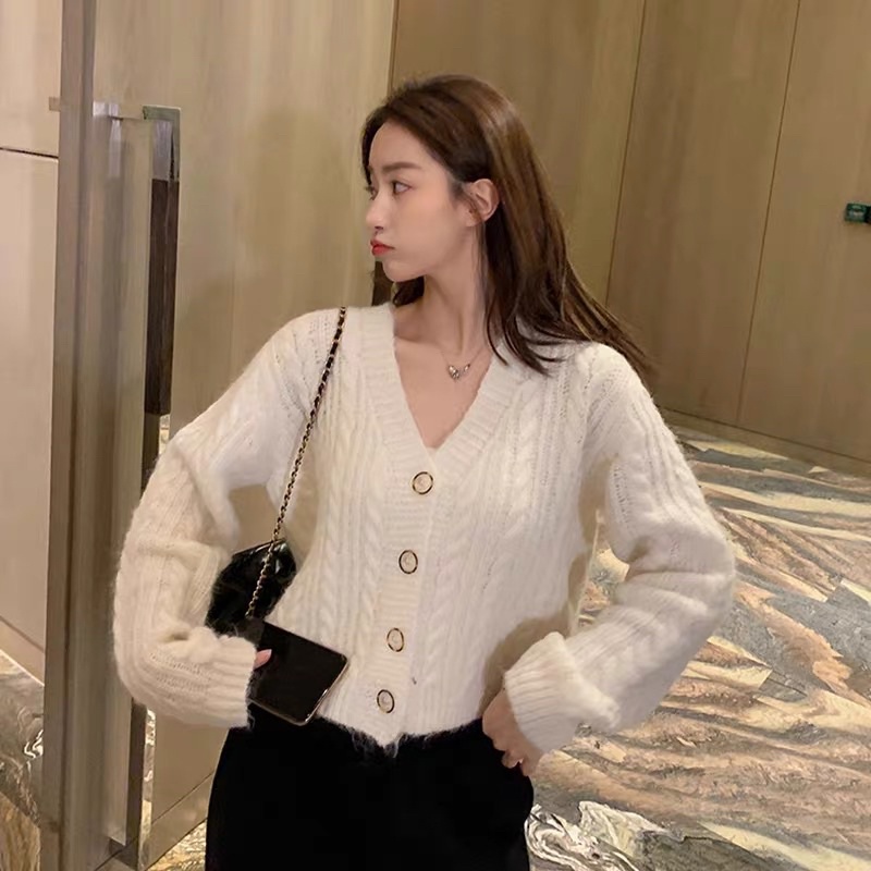 Áo cardigan len crotop Basic phối cúc áo khoác len mịn lông thỏ 3 màu phong cách hàn quốc