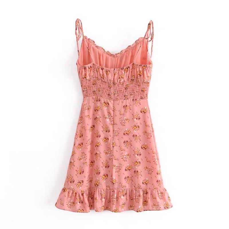 Váy đầm mini hoa nhí màu hồng hai dây