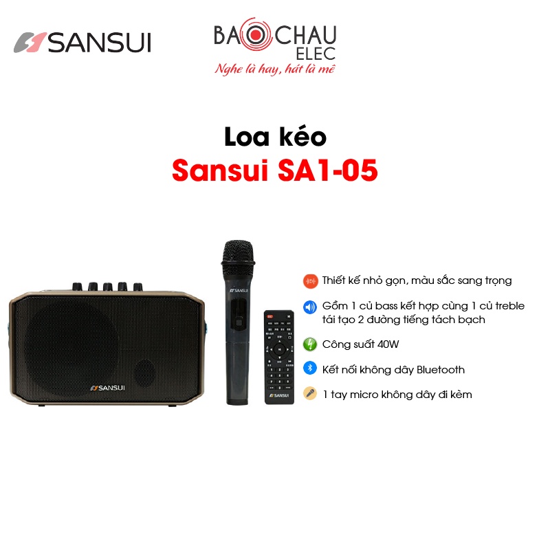 [CHÍNH HÃNG] Loa Kéo Sansui SA1-05 Nhật Bản | Nhỏ Gọn Sang Trọng - Công Suất 40W - 1 Tay Micro Không Dây Đi Kèm