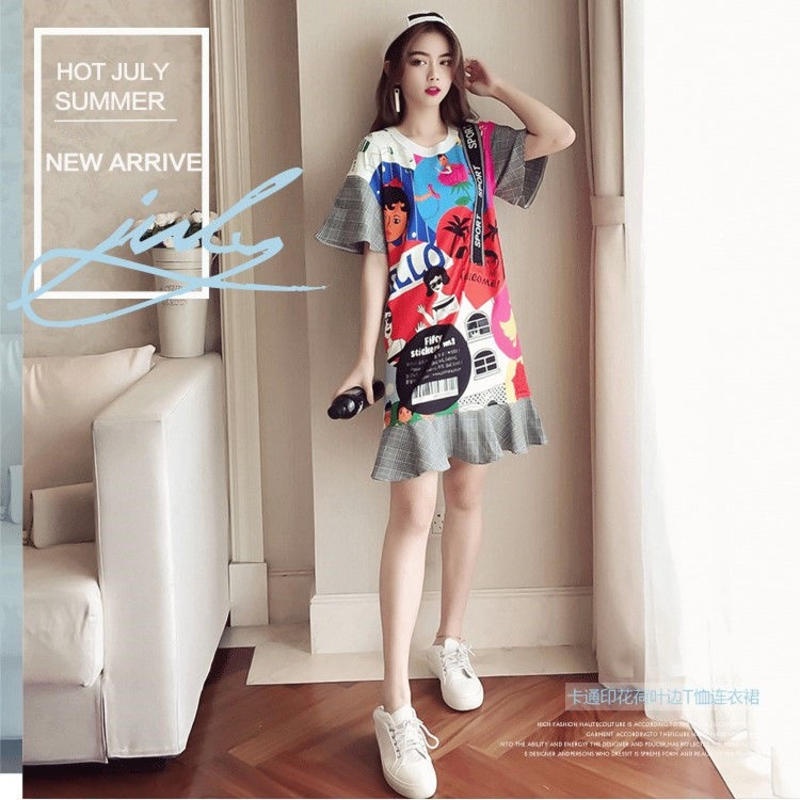 Đầm Thun Tay Loe In Họa Tiết Phong Cách Hàn Quốc Dành Cho Nữ