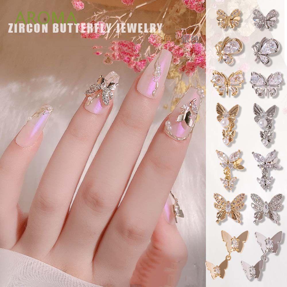 [Hàng mới về] Phụ kiện đính móng trang trí hình bướm bằng kim loại đính đá zircon ngọc trai giả lấp lánh sang trọng