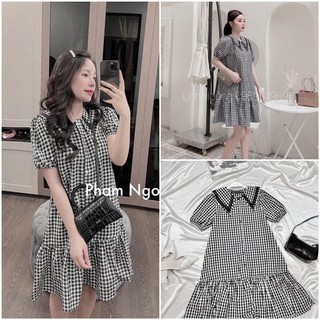Đầm suông kẻ dáng a đuôi cá cổ phối ren bầu bí bon chen
