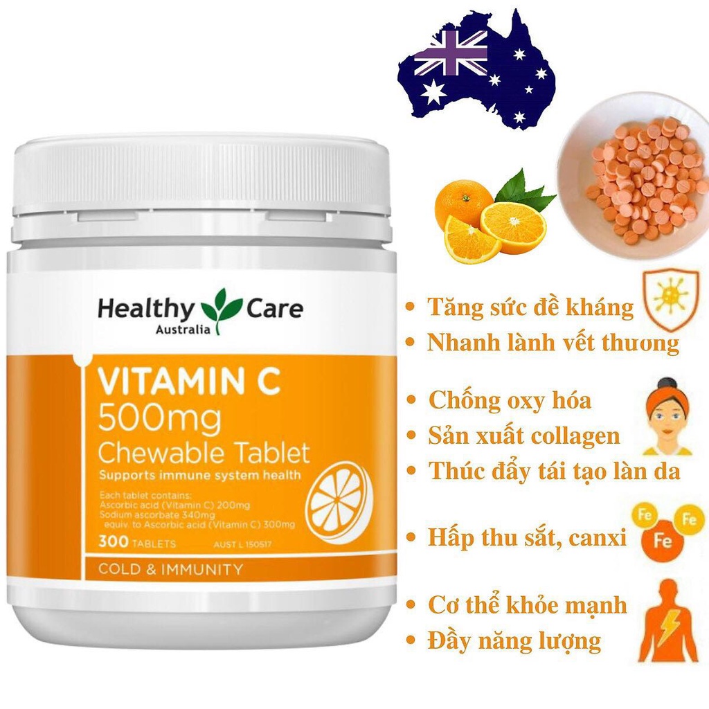 Healthy care vitamin C 500mg, Úc (300v/ 500v) viên nhai hỗ trợ sức đề kháng, đẹp da cho người từ 2 tuổi trở lên