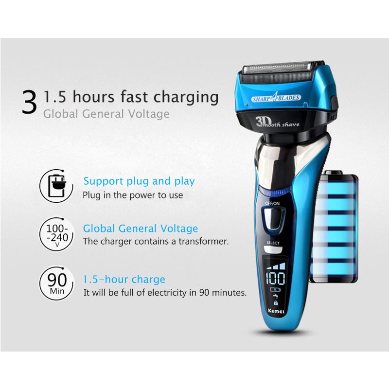 Máy Cạo Râu 3D Kemei Chống Thấm Nước Chất Lượng Cao Cho Nam
