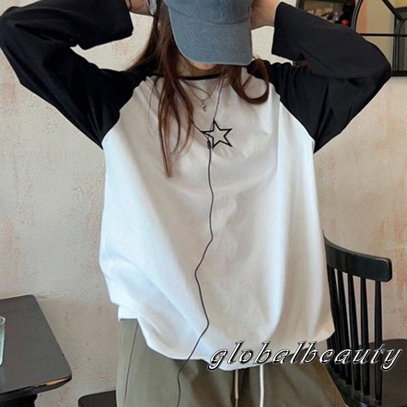 Áo Thun Tay Dài Cổ Tròn In Hình Ngôi Sao Màu Sắc Tương Phản Thời Trang Cho Nữ Size S / M / L