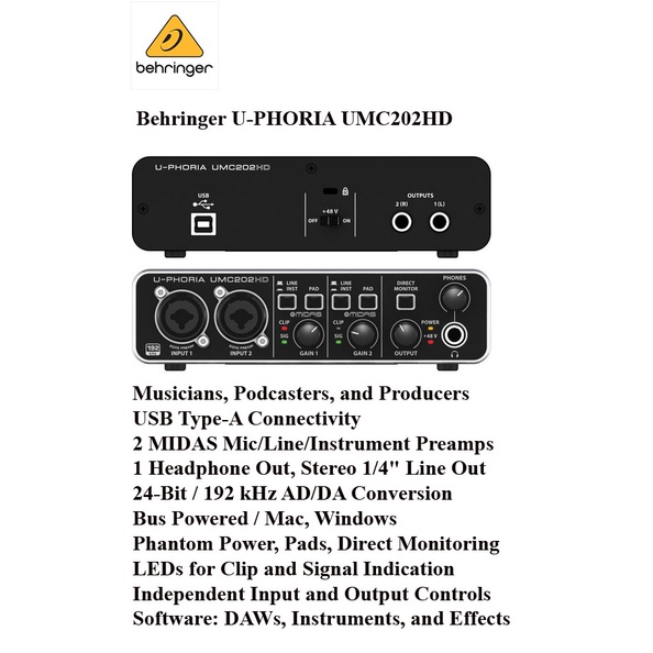 Card âm thanh Behringer UMC202HD 2in/2out | UMC204HD 2in/4out MIDI USB | UMC404HD 4in/4out MIDI USB 192kHz chính hãng