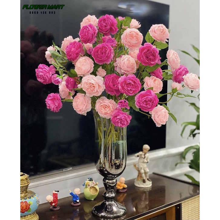 Hoa hồng mẫu đơn cành lớn 2 bông 1 nụ - Trang trí - Trà quý tộc - Hoa giả để bàn