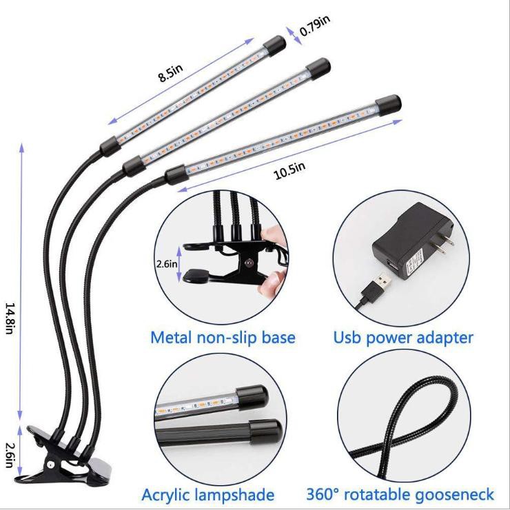 Đèn LED trồng cây kích thích cây trồng phát triển 30W có kẹp chân 3 nhánh hẹn giờ USB