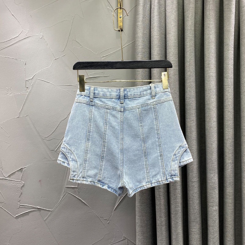 Jiashucheng Quần Culottes Denim Cạp Cao Lệch Tà Giả Hai Mảnh Dáng Chữ a Màu Xanh Nhạt Phong Cách Mới Mùa Xuân Hè @ Rộng