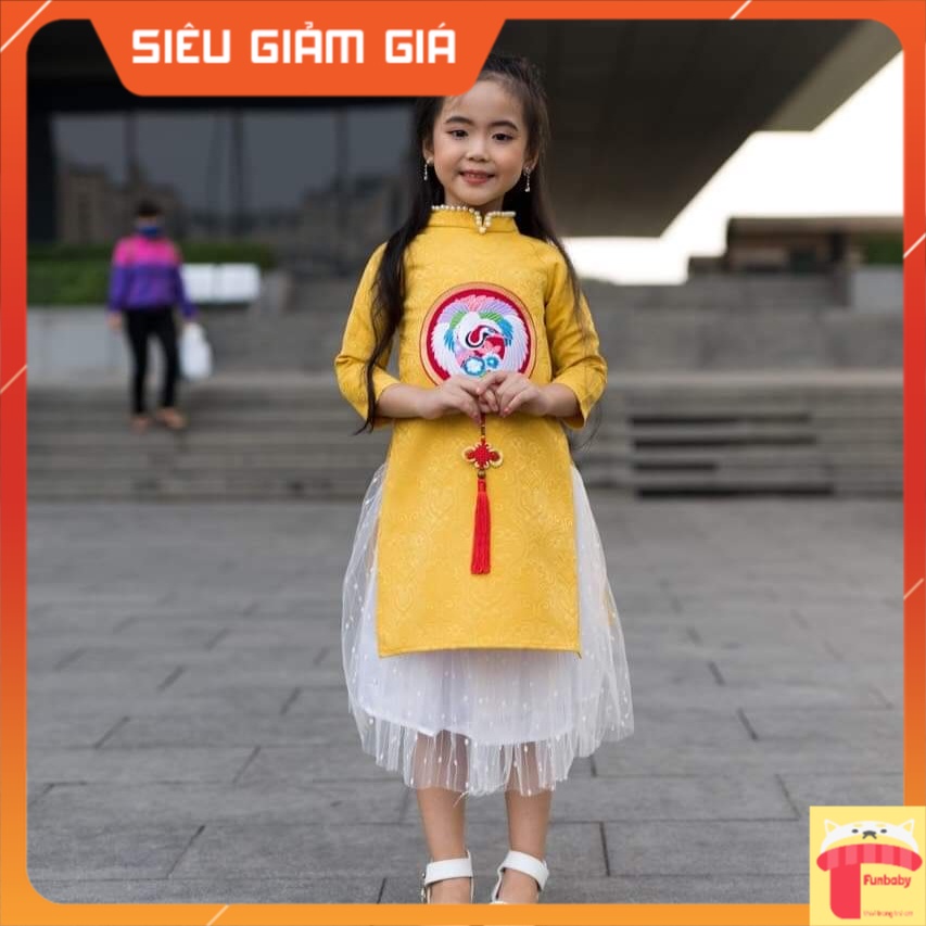 Áo dài tết cho bé gái 2-12 tuổi vải gấm Hàn vàng thêu đáp chim hạc đào hàng thiết kế