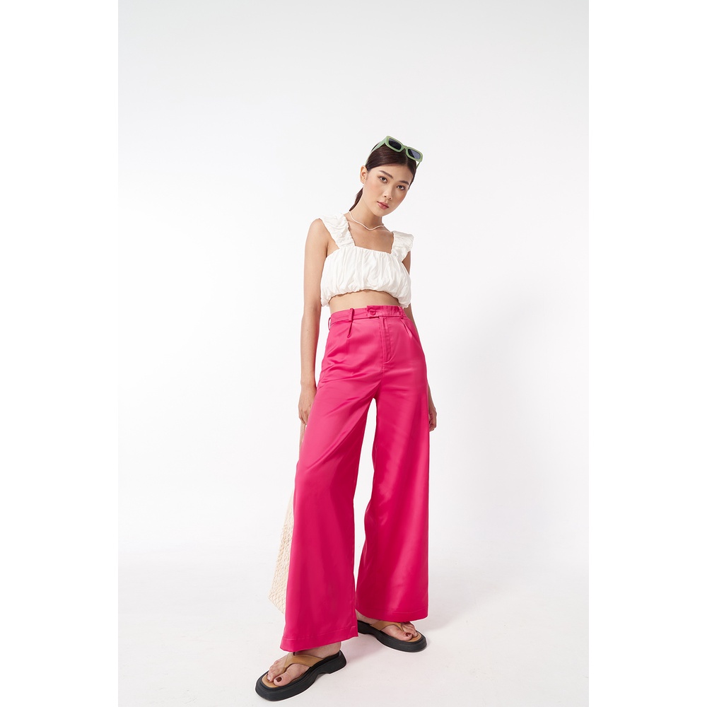 DOTTIE - Quần ống rộng vải satin nữ hồng sen Q0262