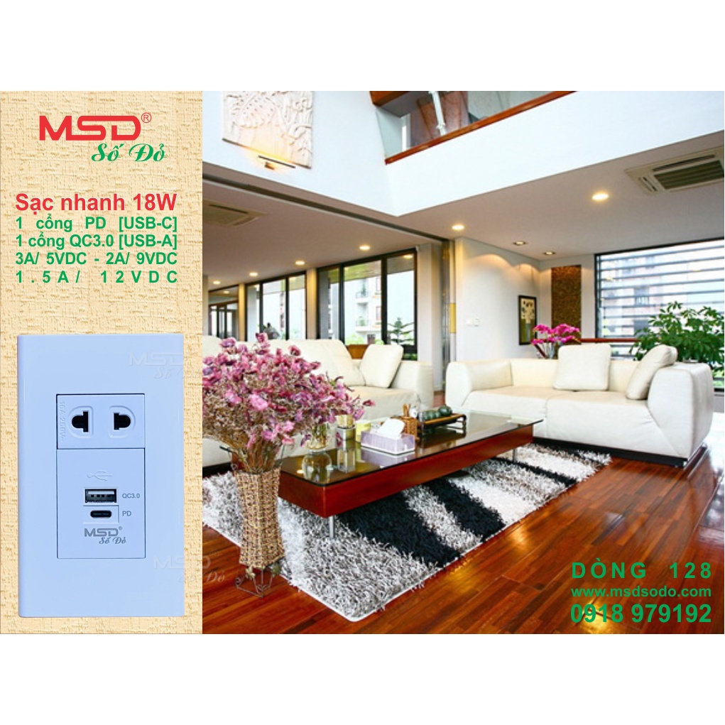 SẠC NHANH 18W ÂM TƯỜNG - PD 3A/5VDC - QC3.0 2.4A/5VDC - 1 Ổ CẮM 2P - MSD128