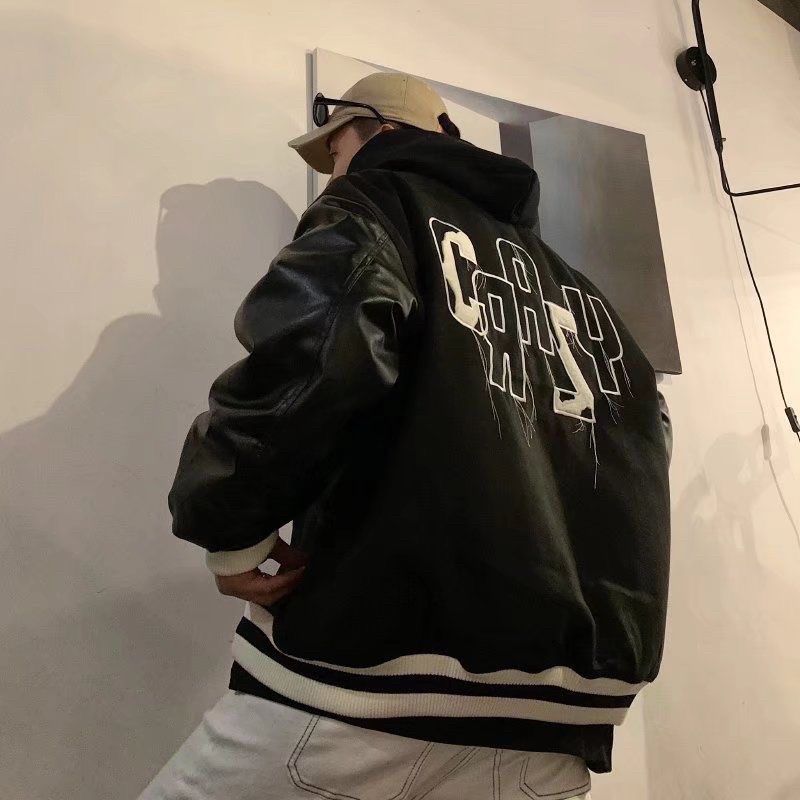Áo khoác bóng chày phong cách Hàn Quốc dáng rộng Áo varsity chất dạ phối tay da