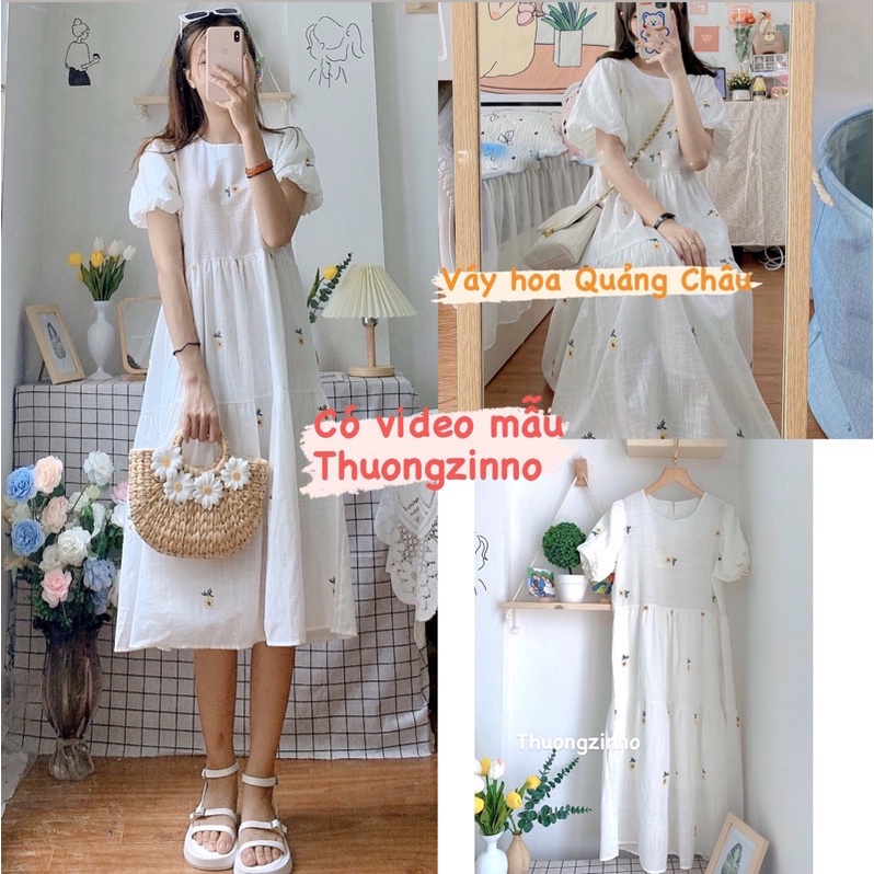 [Ảnh thật/Video] Đầm Váy Hoa Cúc Xinh Đẹp thiết kế Tay Bồng Chất Liệu Lụa Hàn Mềm Mịn