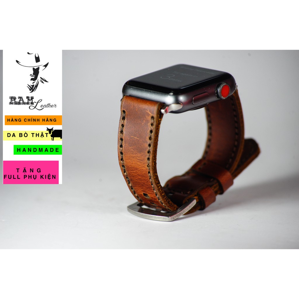 Dây apple watch da bò nâu mận handmade bền chắc cực đẹp RAM Leather classic 1981 - tặng khóa chốt và adapter