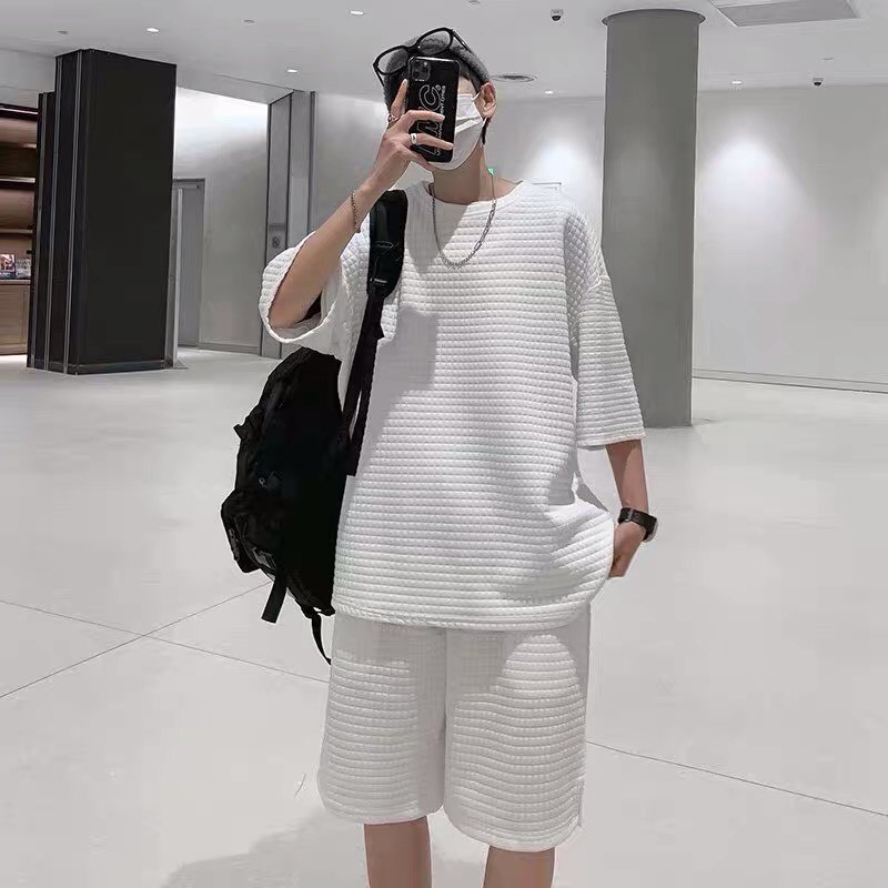 Set đồ cotton unisex basic tee áo thun trơn cổ tròn tay lỡ quần short form rộng nam nữ phong cách Hàn Quốc