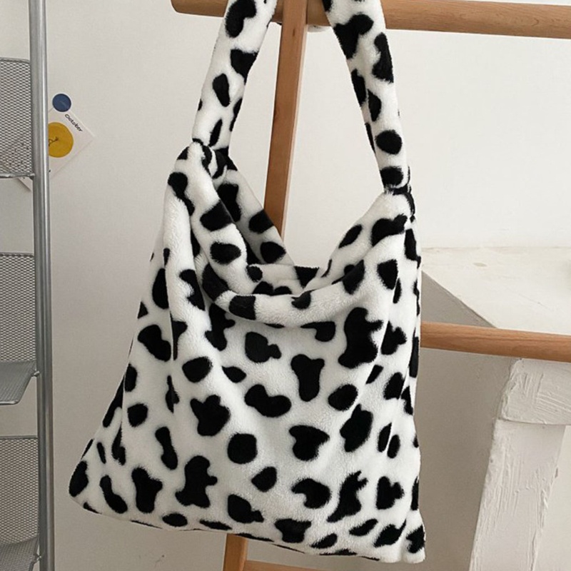 Túi Xách Đeo Vai Bằng Vải Bông In Họa Tiết Bò Sữa Sức Chứa Lớn Cho Nữ