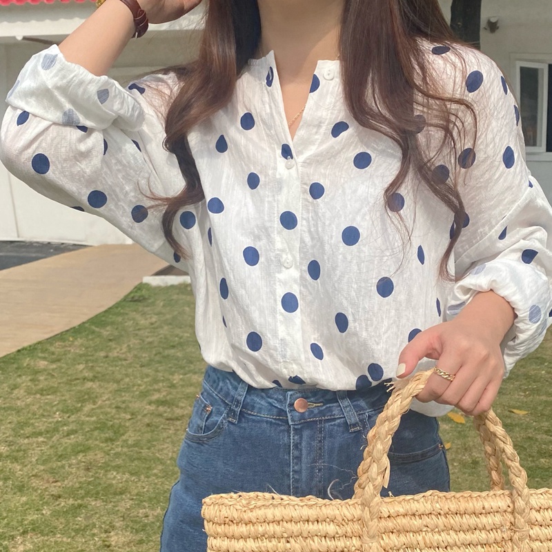 Áo kiểu IELGY tay dài cổ tròn in họa tiết chấm bi xinh xắn cho nữ