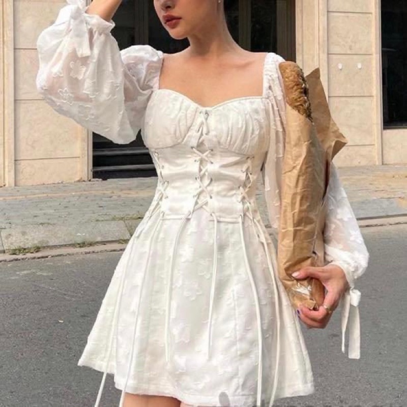 Đầm kiểu ngắn nữ tay dài phồng phối dây rút chéo eo dáng xoè ren - Order taobao quảng châu