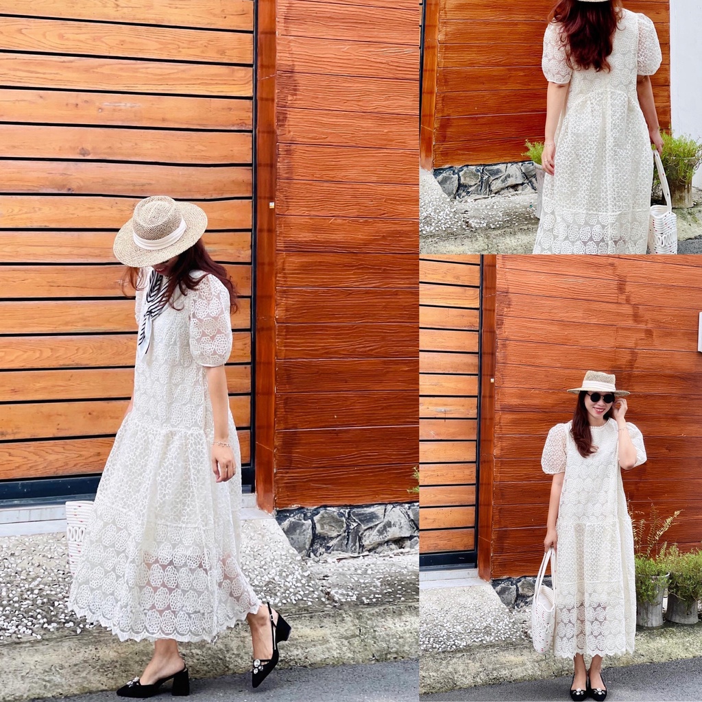 (HÀNG SẴN) Váy babydoll dáng dài chất ren thêu, đầm suông dài form rộng BIGSIZE màu kem tay ngắn có lớp lót
