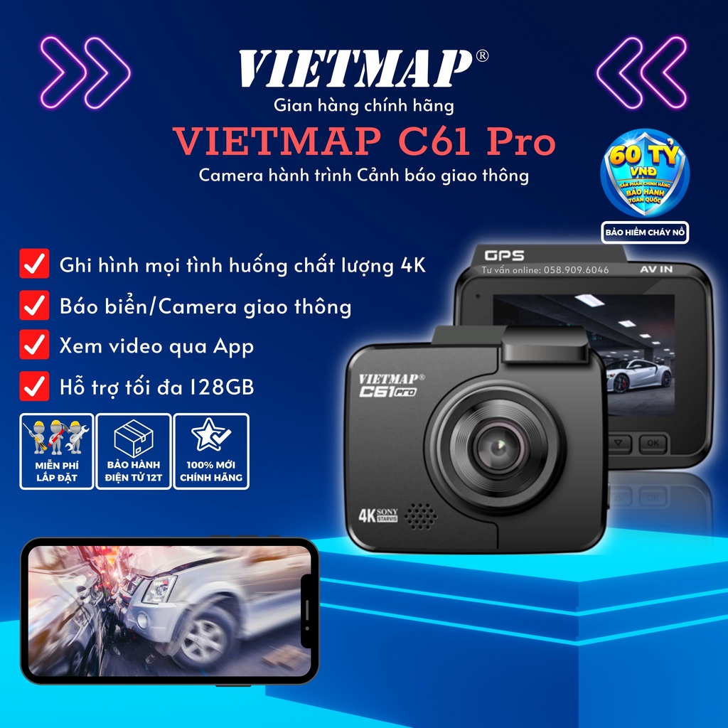 VIETMAP C61 Pro 4K Free lắp HCM - Camera Hành Trình Cảnh Báo Giao Thông- Hàng Chính Hãng