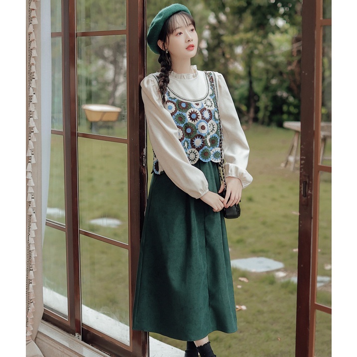 [Augustcloth] Áo gile khoác ngoài đan thêu hoa xanh phong cách Hàn Quốc | BigBuy360 - bigbuy360.vn