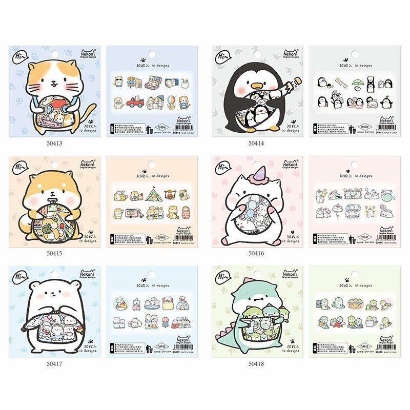 SET 30 STICKER NEKONI - SET HI HÌNH THÚ CUTE NHIỀU CHỦ ĐỀ TRANG TRÍ SỔ TAY, TOPLOADER, SLEEVES, PLANNER, BULLET JOURNAL