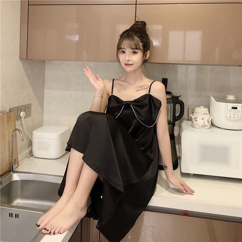 Đầm Ngủ Dáng Rộng Bằng Lụa Băng Đính Nơ Kiểu Công Chúa Ngọt Ngào Hàng Mới Cho Nữ