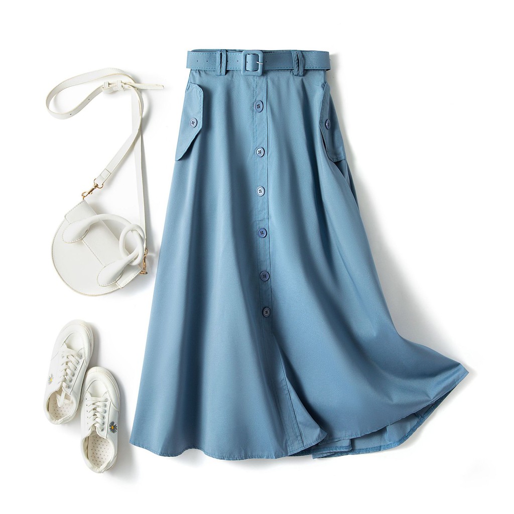 Chân váy dáng dàng đính túi cúc kèm đai vải xuông không nhăn free size VAY108