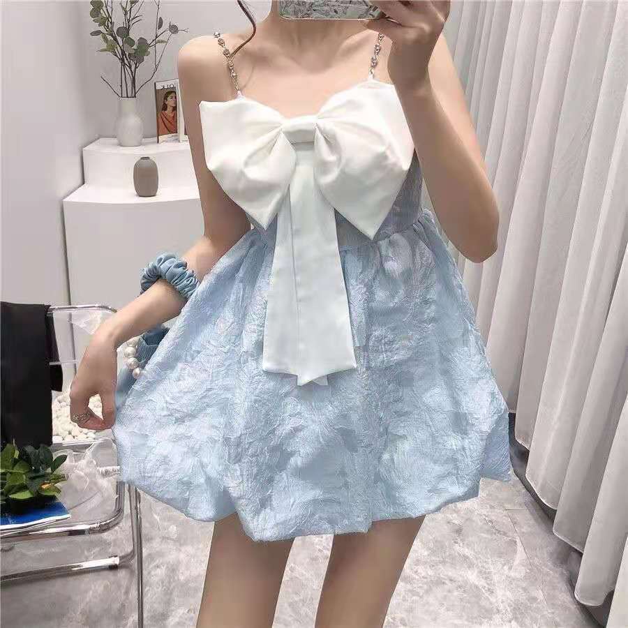 Đầm Không Tay Đính Đá Phối Nơ Xinh Xắn Thời Trang Mùa Hè Dành Cho Nữ