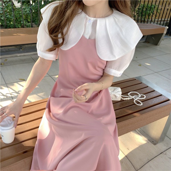 Váy đầm đen hồng cổ trắng xinh tay ngắn dáng dài nhẹ nhàng phong cách Hàn Quốc