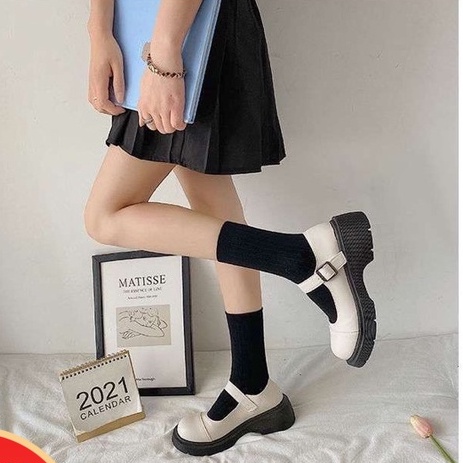 Giày nữ Ulzzang giày búp bê quai ngang hai màu trắng đen kết hợp hàng đẹp cao cấp