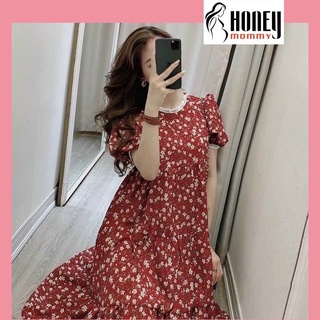Váy bầu cộc tay hoa nhí cổ ren B074
