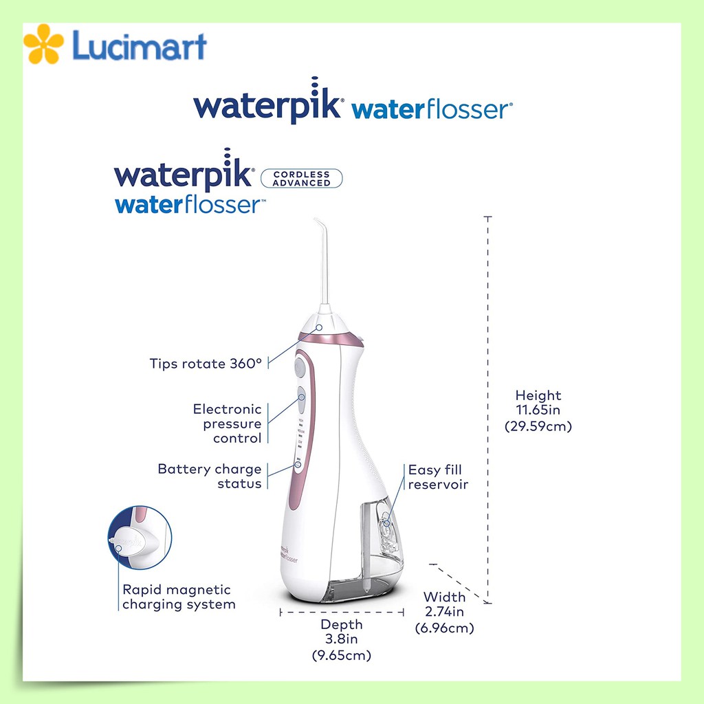 Máy tăm nước cầm tay Waterpik Cordless Advanced Water Flosser WP-560, WP-562, WP-563, WP-565, WP-567, WP-569 [Hàng Mỹ]