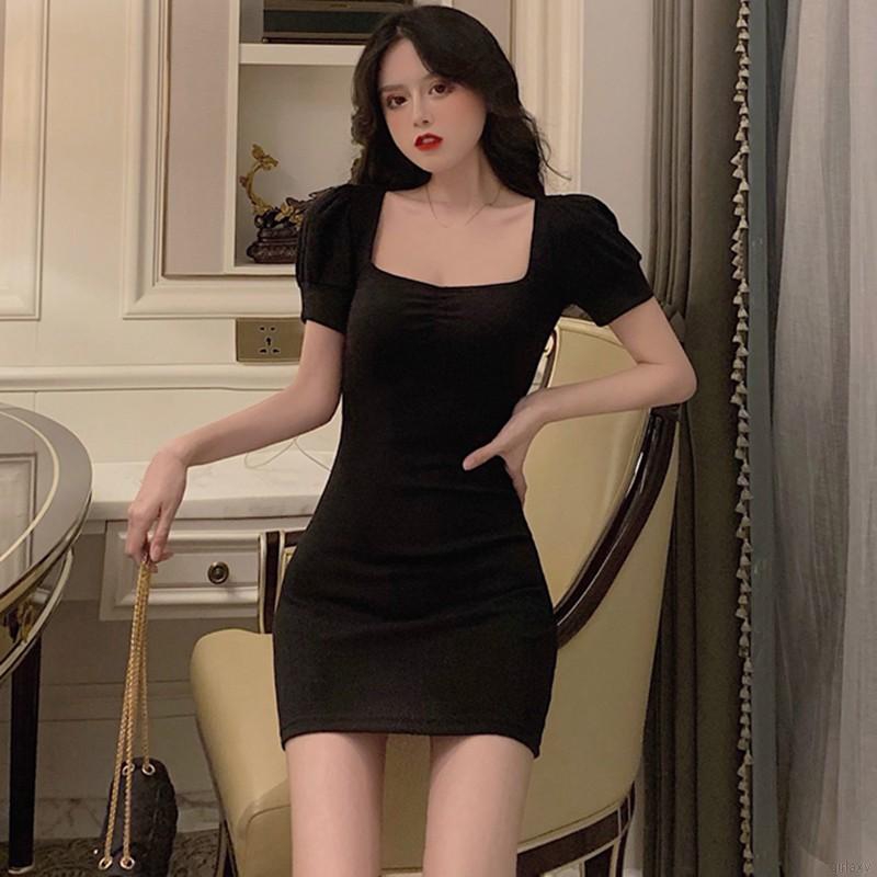 Đầm Tay Phồng Cổ Vuông Màu Trơn Phong Cách Thời Trang Hàn Quốc