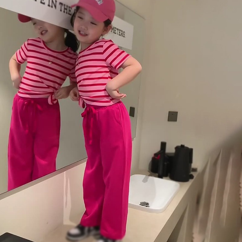 Set Áo Thun Tay Ngắn Kẻ Sọc Phối Quần Ống Rộng Thời Trang Hè Xinh Xắn Cho Bé Gái