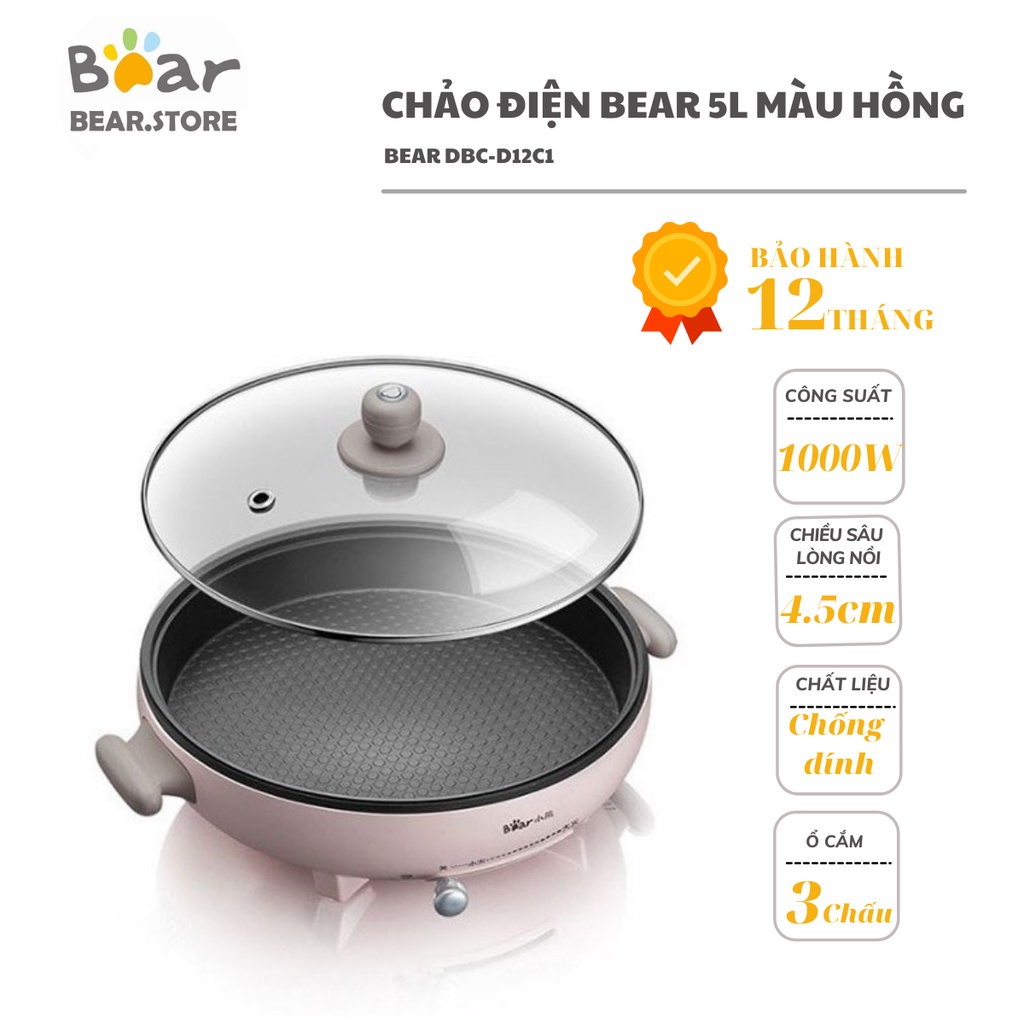 Chảo Điện Chống Dính Đa Năng BEAR DBC-D12C1 Màu Hồng Công Suất 1000W