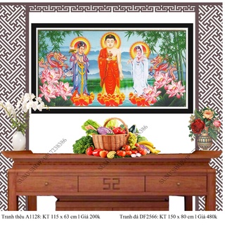 Tranh thêu chữ thập, tranh đính đá tam thế phật A1128 (115 x 63 cm), DF2566 (150 x 80 cm)