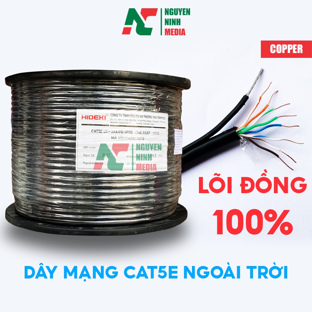 Dây Mạng Ngoài Trời HIDEKI Cat5e 8 Lõi Đồng Nguyên Chất, Có Sợi Thép Chịu Lực, Vỏ HDPE Siêu Bền (Bán Lẻ Mét)